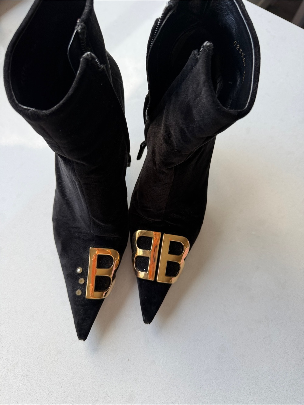 Black Suede Pointed Toe Ankle Boots with Gold BB Accent 38.5